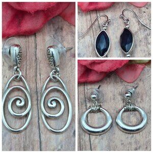Lot of 3 Silver Tone Pierced Dangle Drop Earrings Hoops Swirl Navy Blue Centers